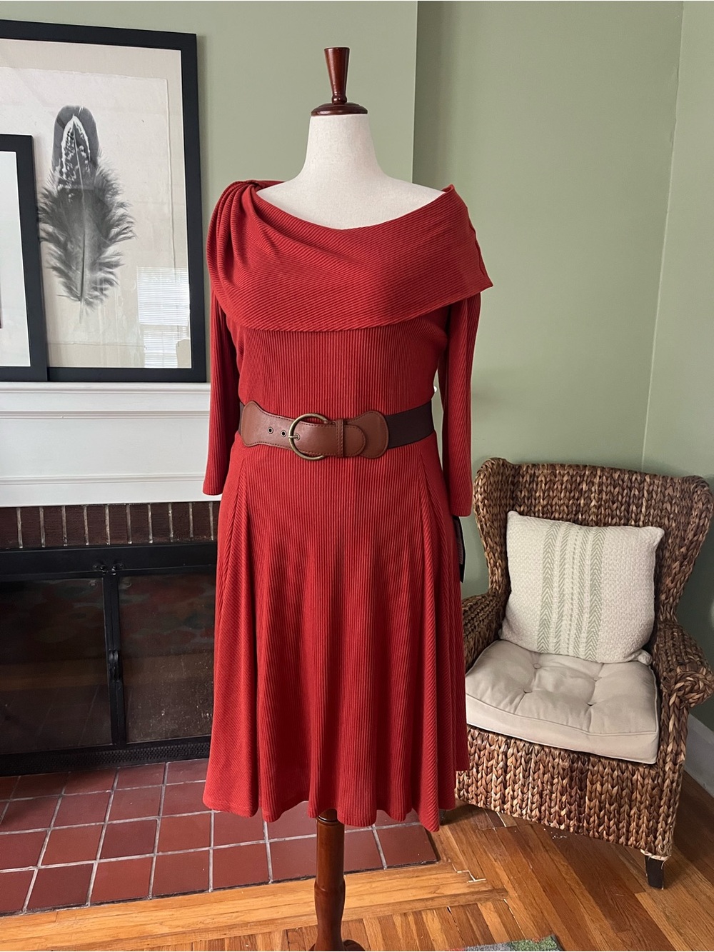 Burnt Sienna Knit Bardot 3/4 Sleeve Midi Dress With Belt -Size 1X NWT